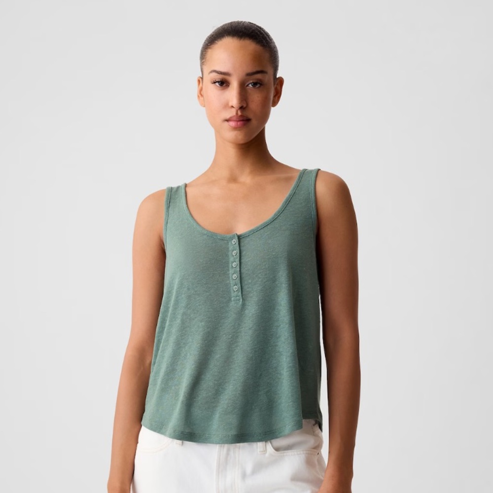 Gap Linen-Blend Green Henley Tank Top (Women’s M, forest green)
